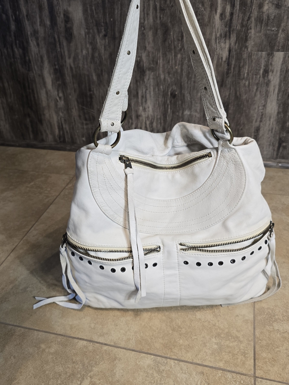 White Leather Hobo Bag with Dual Zip Pockets and Stud Detail